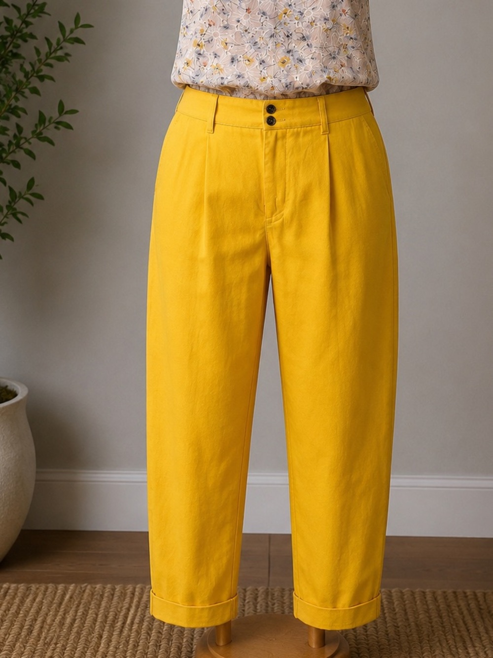 High-Rise Cuffed Ankle Pants in Mustard Yellow